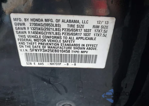 2014 Honda Pilot Lx from USA, damaged, VIN 5FNYF3H25EB010458